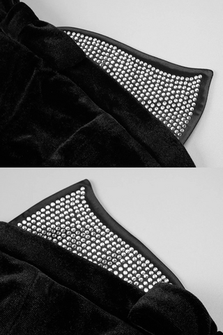 Retro Black Velvet Strapless Long Dress with Rhinestone Bust and Matching Gloves