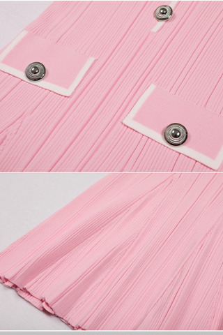 Pleated Knit  Lapel Collar Buttoned Pockets Mini Dress