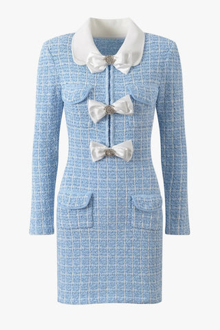 Elegant Long Sleeve Tweed Mini Dress with Bow Detail & Peter Pan Collar