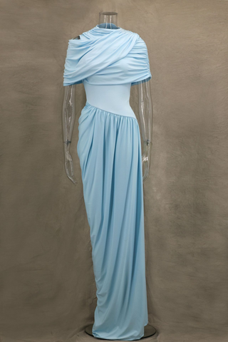 Asymmetrical Draped Mesh EveningLong Dress with Pleated Waist & Shoulder Wrap