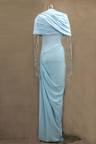 Asymmetrical Draped Mesh EveningLong Dress with Pleated Waist & Shoulder Wrap