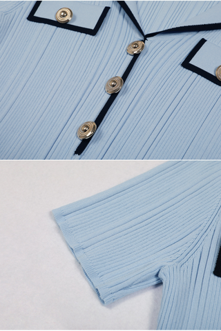 Pleated Knit  Lapel Collar Buttoned Pockets Mini Dress