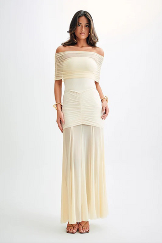 Cream Off-Shoulder Mesh Long Dress with Adjustable Sheer Overlay