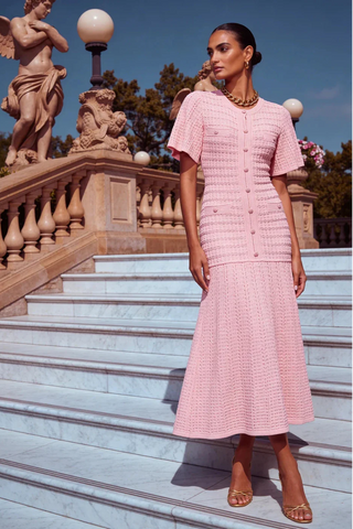 Crystal Embellished Textured Knit Short Sleeve Long Dress