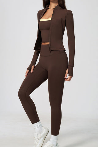 Zip-Up Active Jacket, Bandeau Top & High-Waist Leggings Set
