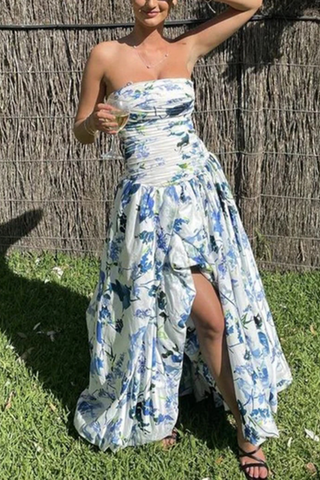 Floral Strapless High Slit Long Dress with Ruched Bodice