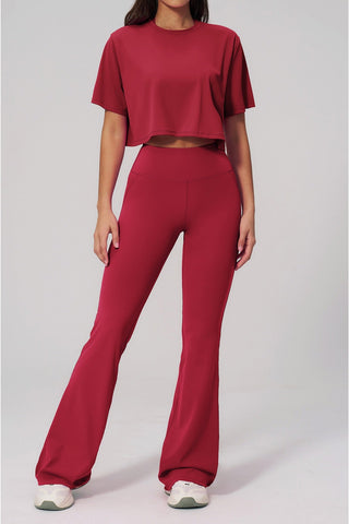 Short Sleeve Crop Top & High Waist Flared Pants Set – Snatched Fit, Made to Move