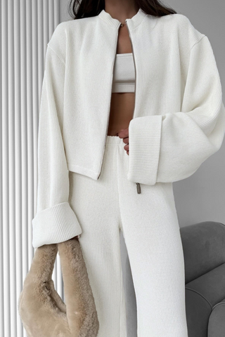 Ribbed Long Sleeve Zip Jacket & Relaxed Pants Co-Ord Set