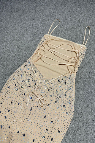 Crystal Embellished Backless Evening Mesh Long Dress