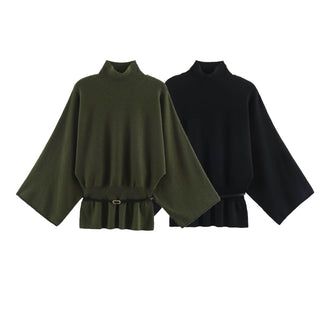 Belted Mock Neck Knit Sweater with Wide Sleeves