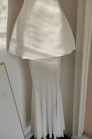 Strapless Crepe Peplum Corset Long Dress with Flowy Mesh Skirt