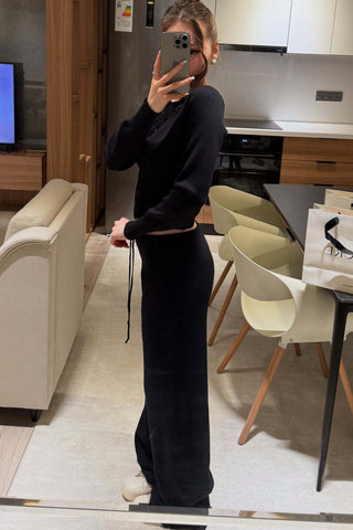 Ribbed Knit Two-Piece Lounge Set – Button Cardigan & Wide-Leg Pants