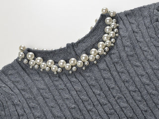 Pearl Embellished Cable Knit Short Sleeve Top.