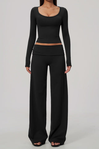 Scoop Neck Long Sleeve Top & Foldover Wide-Leg Pants Set