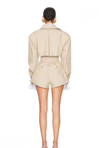 Belted Trench-Style Long Sleeve Romper with Pleated Shorts