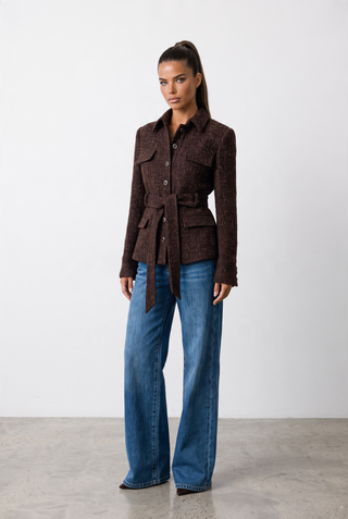 Textured Tweed Long Sleeve Belted Peplum Blazer