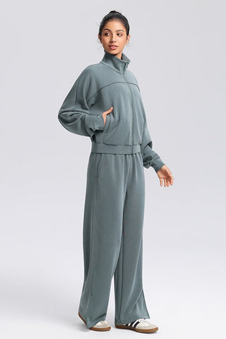 Relaxed Fit Zip-Up Jacket and Wide Leg Pants Set