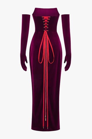 Strapless Velvet Corset long Dress & Long Gloves Set
