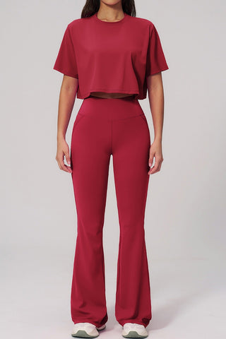 Short Sleeve Crop Top & High Waist Flared Pants Set – Snatched Fit, Made to Move