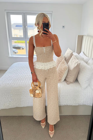 Textured Tweed Lace Trim Sleeveless Crop Top & Wide Leg Pants Set