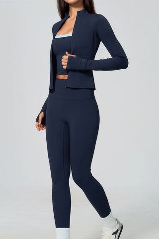 Zip-Up Active Jacket, Bandeau Top & High-Waist Leggings Set