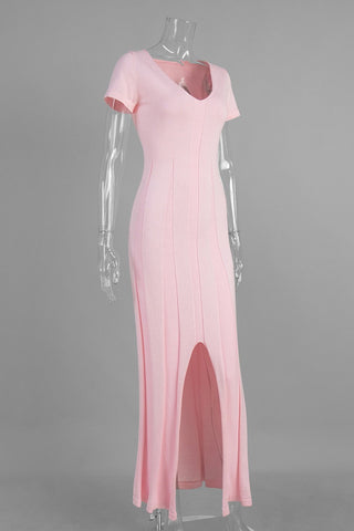 Ribbed Knit Sculpted Panel Short Sleeve Long  Dress