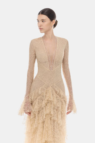 Tiered Lace Ruffle Long Dress with Flared Sleeves
