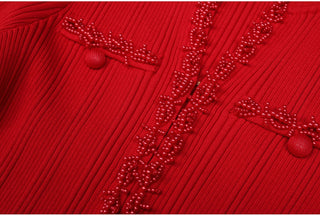 Ribbed Knit Long Dress with Pearl Trim Details & Long Sleeves