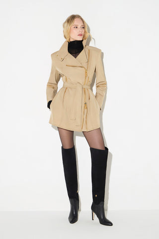 Belted Zip-Detail Long Trench Jacket