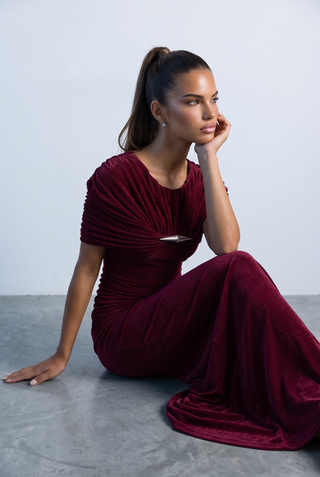 Ruched Cape Sleeve Metal Detail Fitted Long Dress