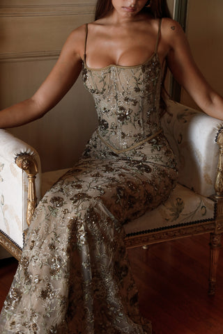 Floral Sequin Corset Long Dress – Spaghetti Strap Fitted Dress