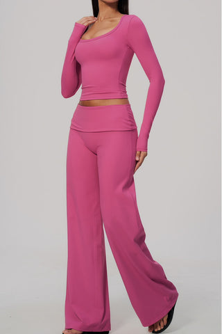 Scoop Neck Long Sleeve Top & Foldover Wide-Leg Pants Set