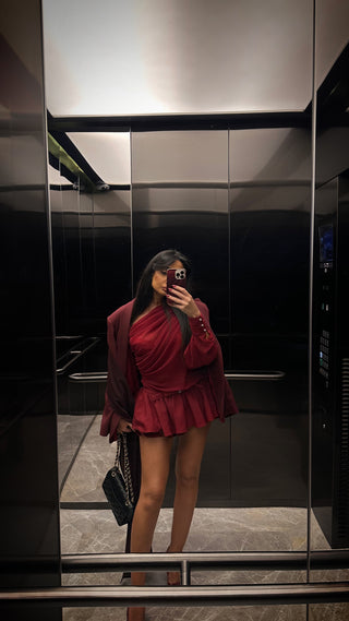 Elegant Long-Sleeve Oblique Shoulder Sheer Top and Skort Set