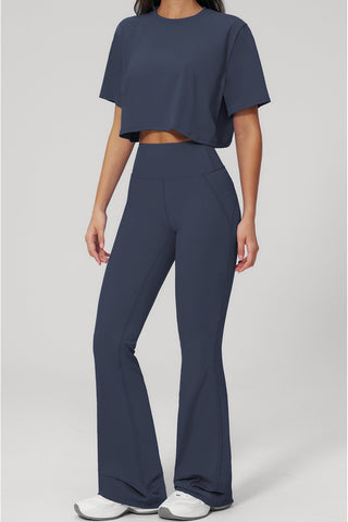 Short Sleeve Crop Top & High Waist Flared Pants Set – Snatched Fit, Made to Move