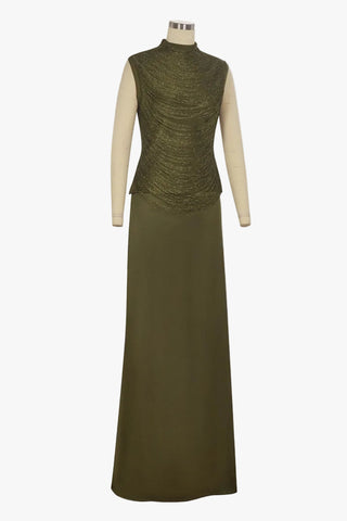Sleeveless Bandage Metallic Top & Satin Skirt Set – Sculpted High Neck, Fluid Draped Fit, Refined Evening Look