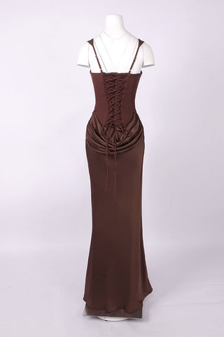 Structured Corset Draped Bodycon Long Dress with Wide Straps