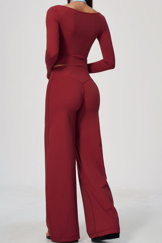 Scoop Neck Long Sleeve Top & Wide-Leg Pants Set