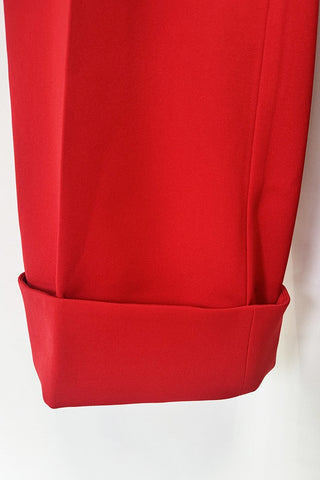 Long-Sleeve Crepe Peplum Blazer and Wide-Leg Pants Set with Beaded Brooch Detail