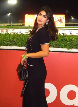 Pearl Trim Ribbed Knit Midi Dress with Sleeveless Cut and Flared Hem Design