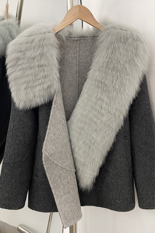 Luxury Wool Blend Coat with Wide Faux Fur Shawl Collar