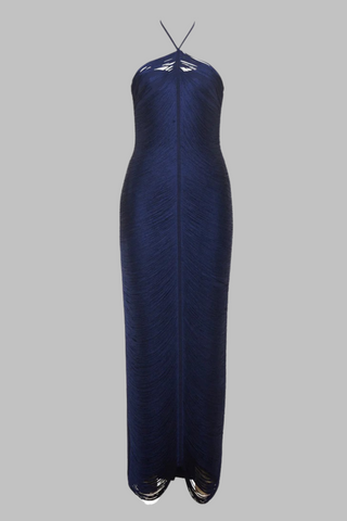 Luxury Halter Neck Backless Tassel Fringe Long Bandage Dress with High Slit