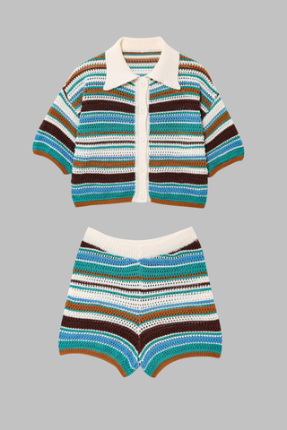 Striped Crochet Knit Two-Piece Set with Short Sleeve Button Top and High-Waist Shorts