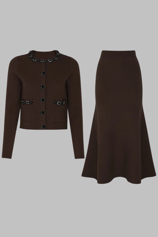 Embellished Pearl and Rhinestone Knit Cardigan with Matching Flared Midi Skirt Set