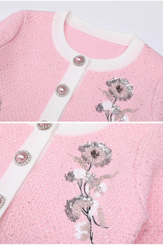 Knitted Sequin Floral Embellished Cardigan and High-Waist Pencil Skirt Set
