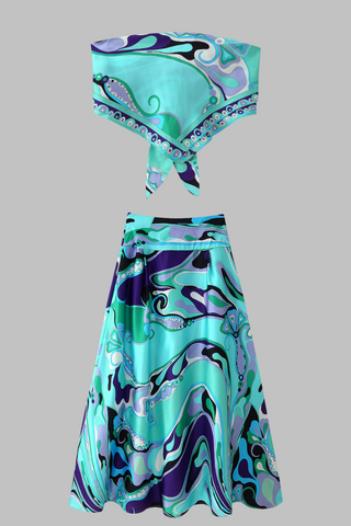 Retro Swirl Satin Two-Piece Set – Scarf Tie Crop Top & High-Waist Long Skirt