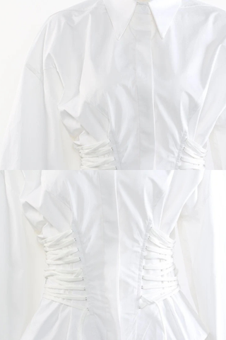 Long Sleeve Corset Waist Button-Up Shirt Dress with Adjustable Lace-Up Design