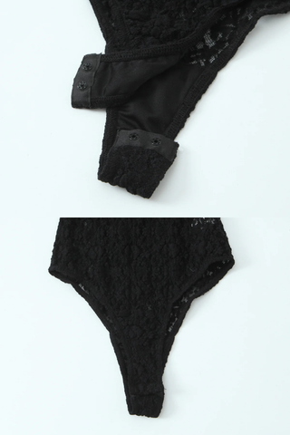 Black Floral Lace Long Sleeve Bodysuit with Satin Neck Bow