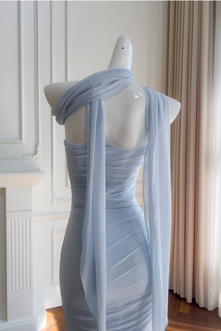 Light Blue Mesh Ruched  Set – Strapless Bustier Top & Fishtail Maxi Skirt with Sheer Scarf