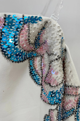 Off-Shoulder Long Sleeve Crepe Long Dress with Hand-Beaded Floral Embellishment