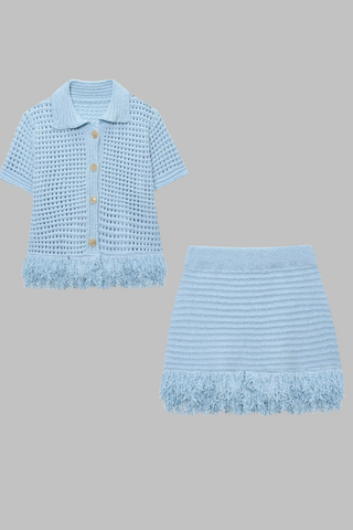 Fringe Hem Knit Set – Crochet Button-Up Top & Ribbed Mini Skirt